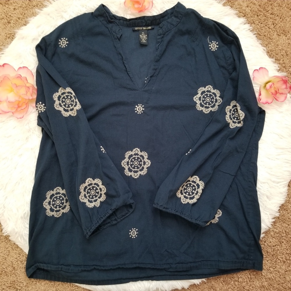 Lucky Brand navy blue embroidered blouse